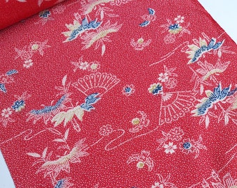 Japanese kimono fabric - Wool  - Woven - Fans - Floral - Birds - Red, blue, yellow, white - Various lengths.