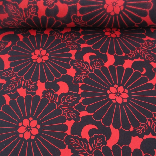 Japanese kimono fabric - Silk - Floral Arabesque - Colour:  Black and Vermillion - Various lengths.