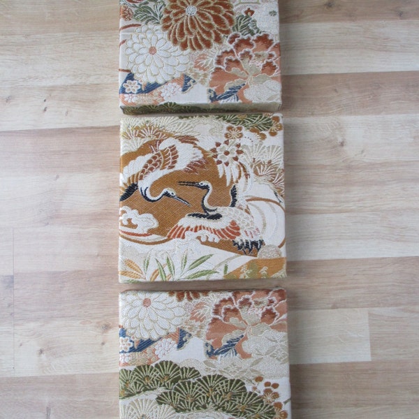 SALE - 3 Canvases covered in Japanese vintage silk obi fabric - Autumn shades - 20x20cm