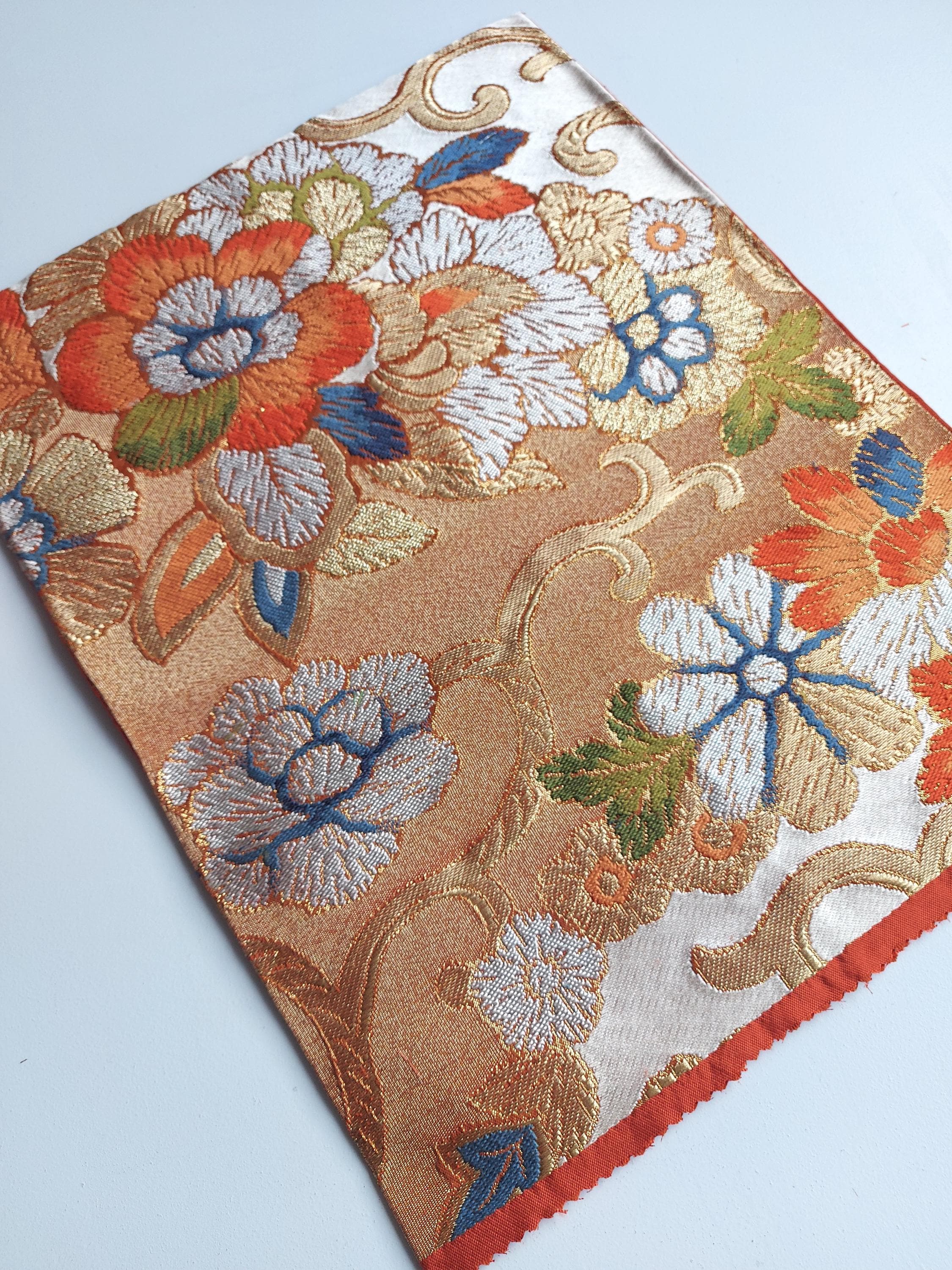 Japanese obi fabric - Woven - floral - Arabesque - Orange, blue, green, gold and silver - Used - 38 cm x 30 cm