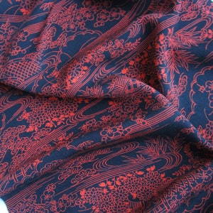 Japanese kimono fabric - Upcycle - Silk - Gardens - Streams - Colour: Black and Vermillion - Various lengths.