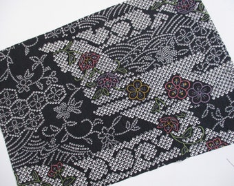 Japanese kimono fabric - Sample Size - 25 x 36 cm - Floral - Black and white with, green, purple, pink , yellow and gold - Upcycle fabric.