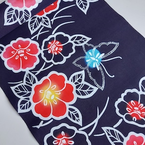 Japanese Yukata Kimono fabric - Cotton - Butterfly - Floral - Colour Blue, red, yellow and white - Various lengths