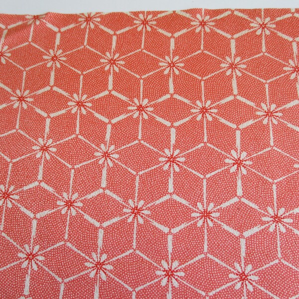 Japanese silk kimono fabric - Available in 50, 100 or 150 cm lengths - Colour Coral/Orange and cream