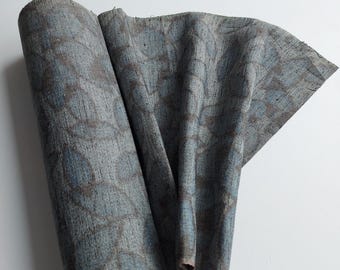 Japanese kimono fabric - Silk  - Handwoven - Tsumugi - Leaves - Colour Blue, pale teal green and grey  - Available in various lengths.