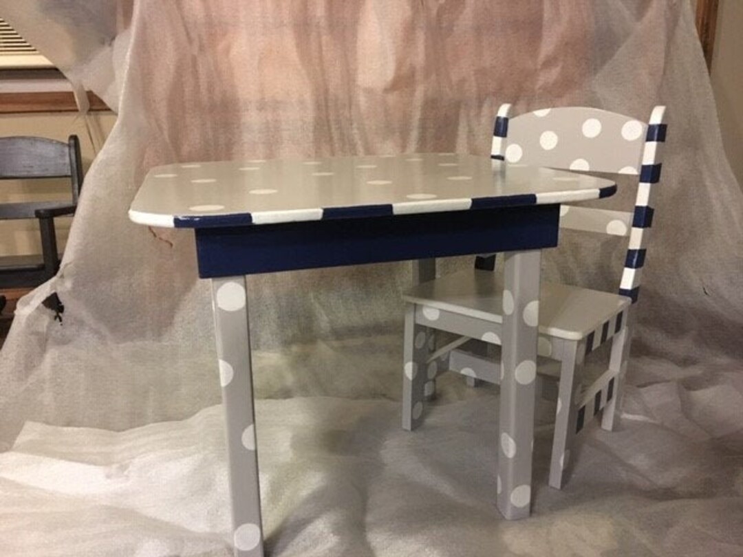Child's Table & Chair Set: Gray and Navy Stripes and Dots Table With 2 ...