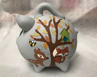Piggy Bank:WOODLAND FRIENDS! Hand Made, Hand Painted