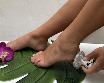 Ceramic raku foot scrub, leather hand grip
