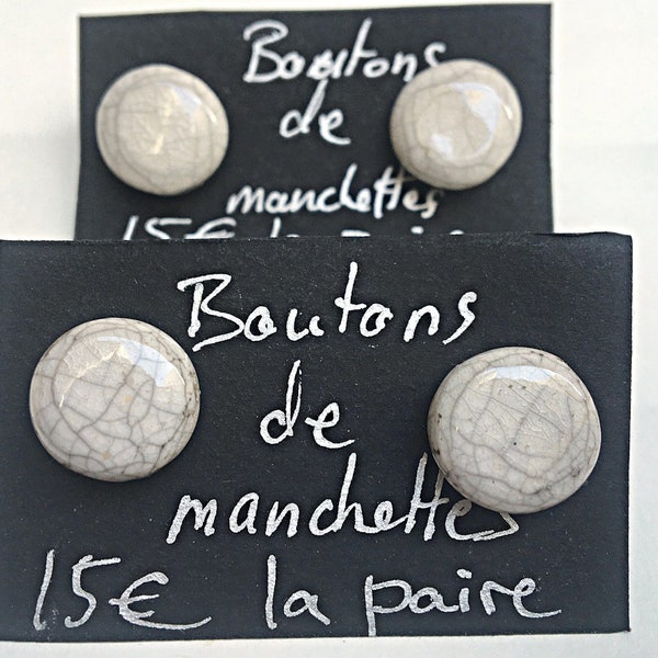 Paire de boutons de manchette céramique raku émail blanc, vert ou rouge, poterie artisanale, style bohème