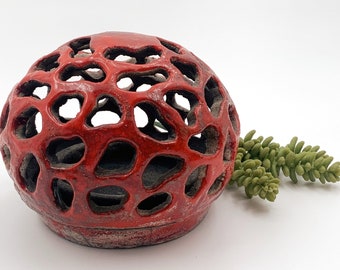 Red enamel raku ceramic tealight holder, contemporary pottery