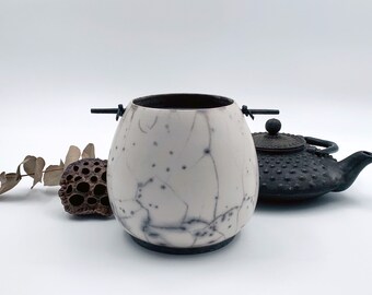 Naked Raku ceramic vase, wooden stick and leather link, contemporary pottery, Japan spirit