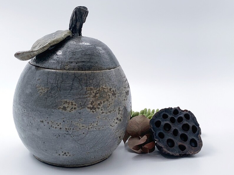 Purple enamel raku ceramic box, pear shape, artisanal pottery image 5