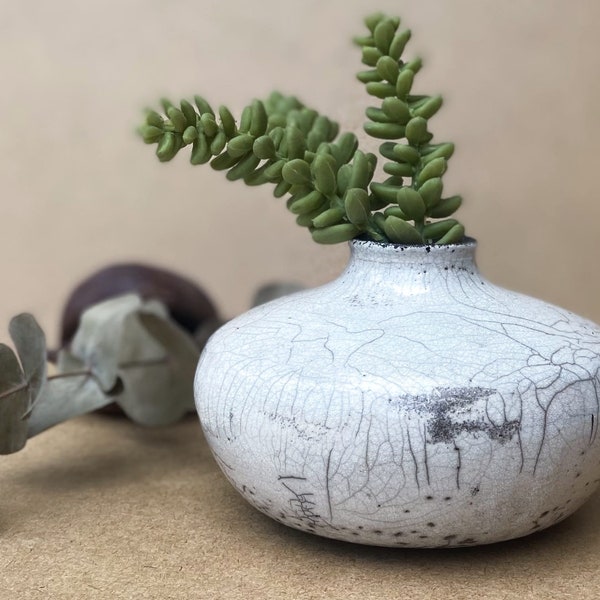 Vase soliflore céramique raku émail blanc, esprit Japon, poterie artisanale