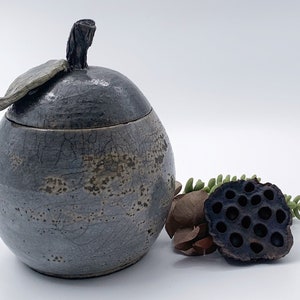 Purple enamel raku ceramic box, pear shape, artisanal pottery image 6