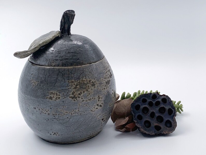 Purple enamel raku ceramic box, pear shape, artisanal pottery image 6