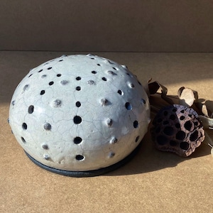 Pode incluir: Um domo de cerâmica branca com uma superfície texturizada e numerosos pequenos orifícios. O domo tem uma base preta e está sentado em uma superfície marrom.