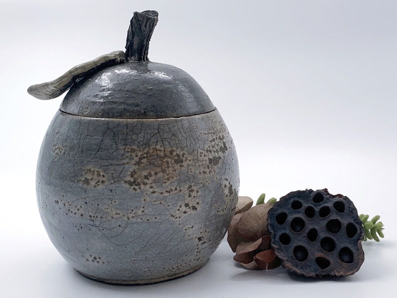 Purple enamel raku ceramic box, pear shape, artisanal pottery image 1