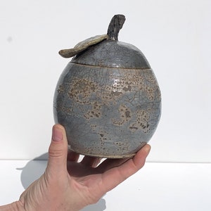 Purple enamel raku ceramic box, pear shape, artisanal pottery image 8