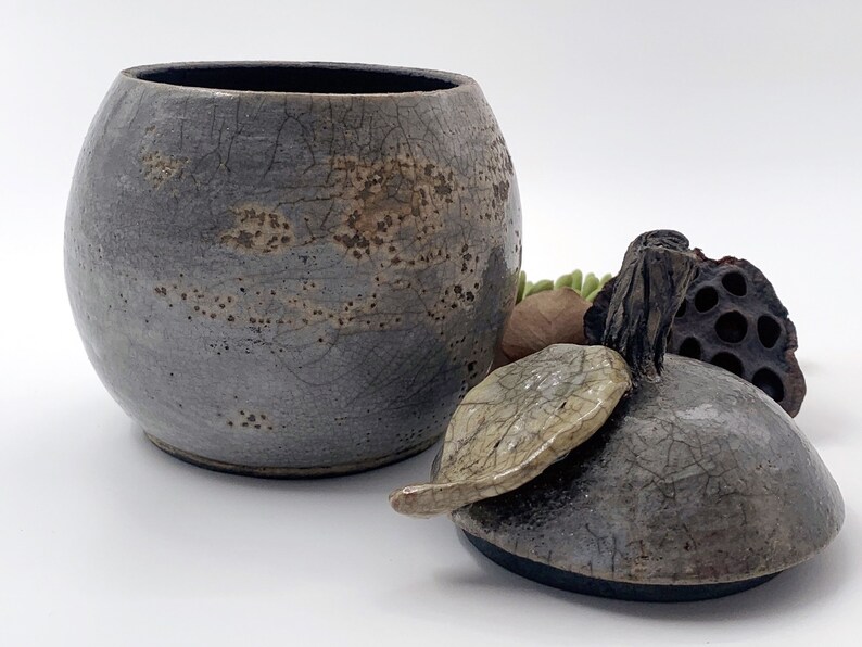 Purple enamel raku ceramic box, pear shape, artisanal pottery image 3