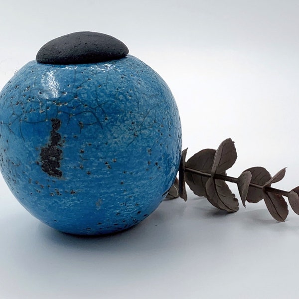 Boite céramique raku, émail bleu turquoise, couvercle noir, poterie artisanale, esprit Japon