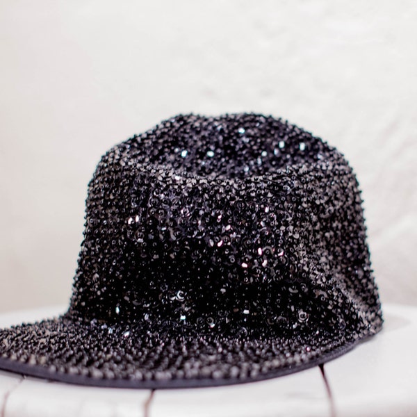 Vintage Black Sequin Baseball Cap 80s 90s Sparkly Sequin Flat Brim Hat OSFM Janet Jackson