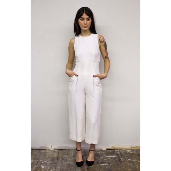 Vintage White Crepe Disco Jumpsuit w/ Cropped Wide Legs & Pockets at Hip 1970s 70s XS Extra Small Boho Cropped Palazzo Playsuit