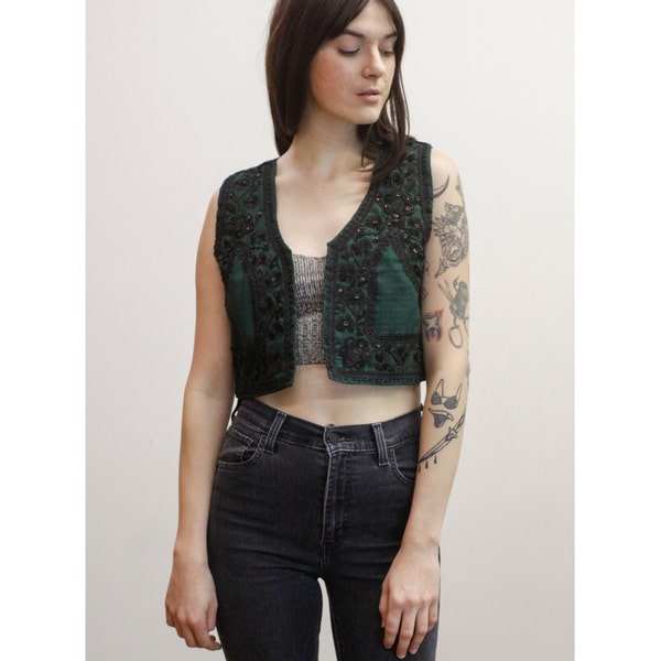 Vintage Boho Dark Green & Black Embellished Satin Cropped Vest 70s 1970s Boxy Beaded Hippie Vest w/ Floral Embroidery M Md Medium