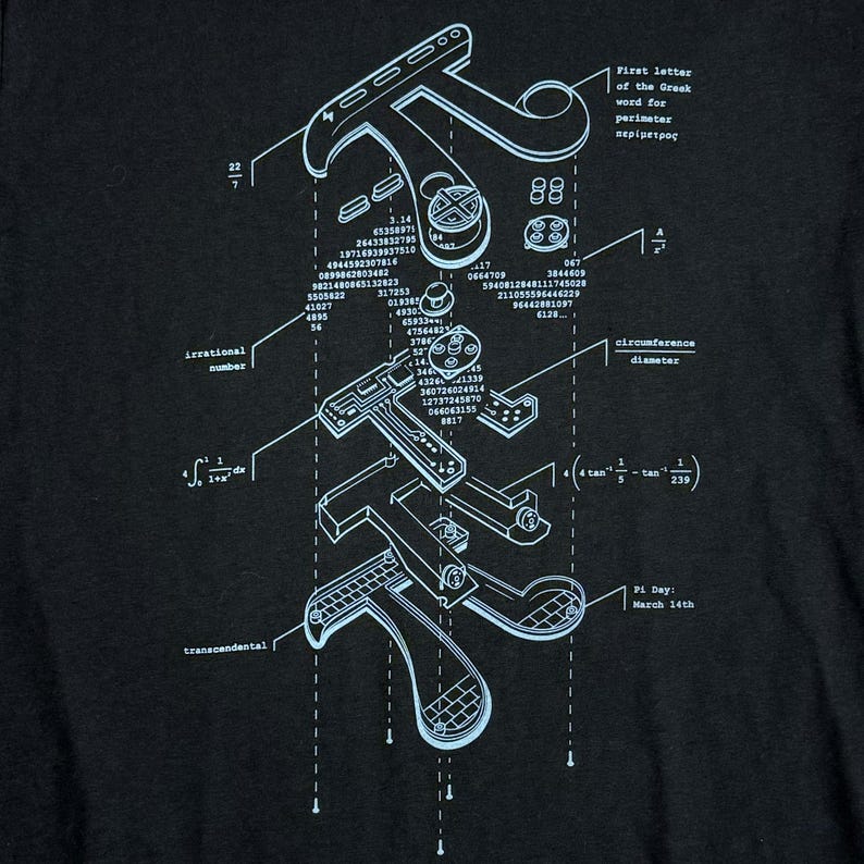 Może przedstawiać: Czarna koszulka z jasnoniebieskim schematycznym diagramem symbolu Pi, zawierającym wzory matematyczne i liczby. Tekst zawiera "Pi Day: March 14th". Projekt jest widokiem rozstrzelonym.