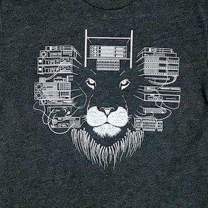 May include: A white graphic design of a lion's face with a network of cables and electronic equipment forming the mane and body. The equipment includes servers, routers, and other networking devices.