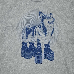 May include: A blue and white illustration of a corgi wearing platform boots with a circuit board design. The corgi is standing on a sunburst background.