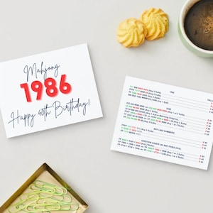 May include: A white card with the text "Mahjong 1986 Happy 40th Birthday!" in black and red. Two biscuits and a green mug of coffee are also present. A second card with Mahjong game information is also visible.