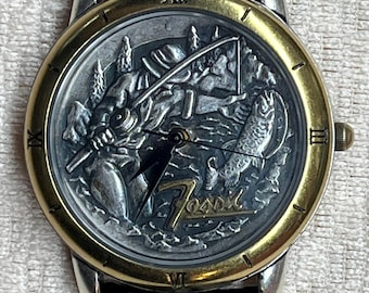 Fossil Fisherman Watch Vintage Fishing  theme mens wristwatch LE-9456
