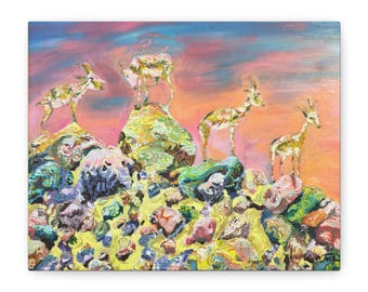 BERGZIEGE Wildtiere Druck auf Leinwand, Ölgemälde, Wüste Wild, Tierkunst, Ziegendekor, Wandkunst, Geschenk, Zeitgenössisch, Ziegenkunst