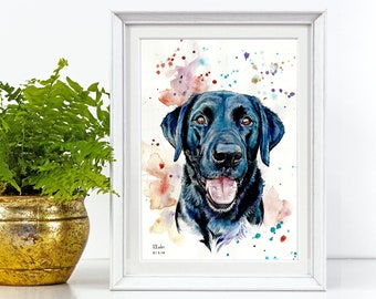 A5, A4 Smiling Black Labrador Dog Watercolour Painting and Pen Original Happy Art Print