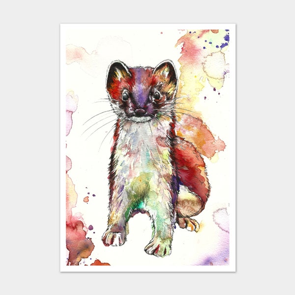 A3 Painting Watercolour Weasel Colourful Stoat Art Print - Limited Edition