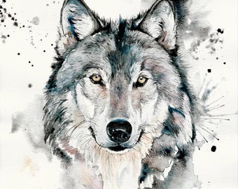 A4, A3 Watercolour Painting and Pen Wolf Original Art Print - Limited Edition