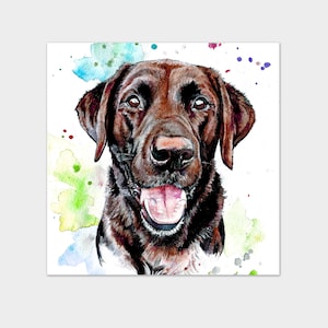 Small Art Print Smiling Chocolate Labrador Happy Dog Watercolour Painting and Pen