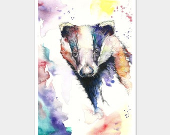 Limited Edition A3 Colourful Badger Painting Watercolour Wildlife Art Print