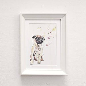 Mini Framed Pug Pen and Wash Watercolour Artwork Print