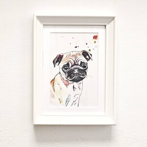 Mini Framed Pug Pen and Wash Watercolour Artwork Print