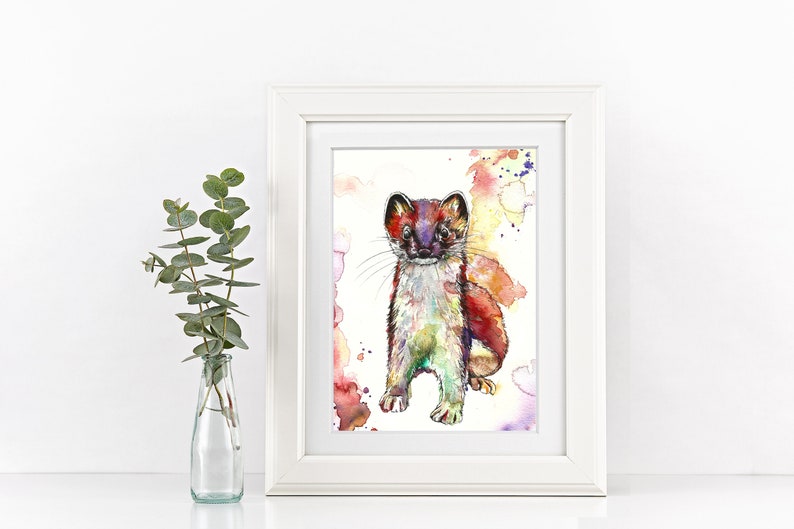 A3 Painting Watercolour Weasel Colourful Stoat Art Print Limited Edition image 2