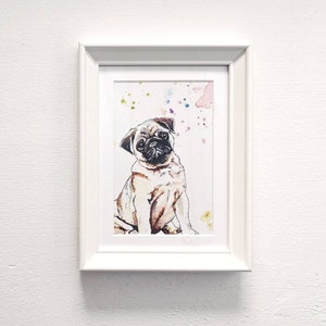 Mini Framed Pug Pen and Wash Watercolour Artwork Print