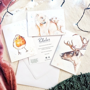 Lot de 6 cartes vierges d'artiste recyclées de luxe à partir d'oeuvres d'art originales aquarelles, impression d'art animalier hiver