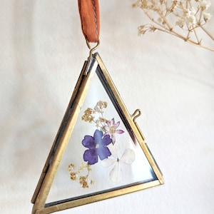Pressed Flower Miniature Brass and Glass Triangle Hanging Frame Floral Display