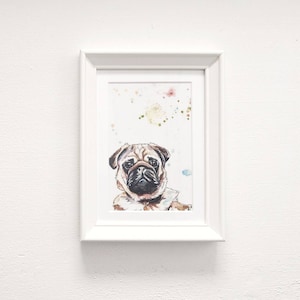 Mini Framed Pug Pen and Wash Watercolour Artwork Print