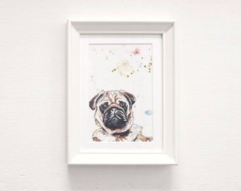 Mini Framed Pug Pen and Wash Watercolour Artwork Print