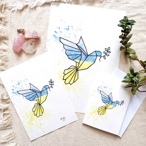 Vrede voor Oekraïne Originele aquarel geometrische duif illustratie afdrukken, A4, A5, A6 wenskaart - 100% winst gaat naar Oekraïne helpen
