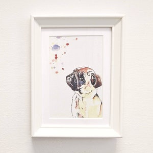 Mini Framed Pug Pen and Wash Watercolour Artwork Print