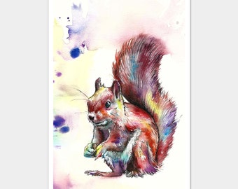 Limited Edition A3 Colourful Squirrel Painting Watercolour Colour Original Art Print