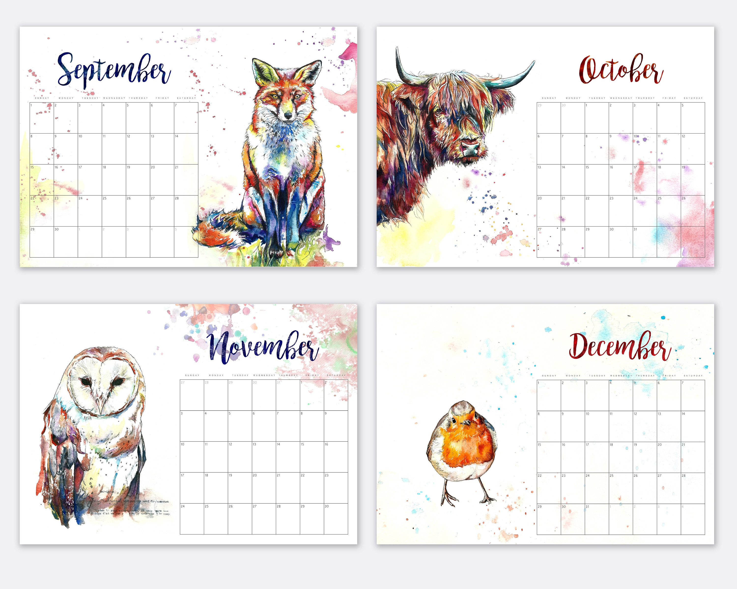 Wildlife 2023 Wall Calendar A4 Colourful Animal Art in Etsy